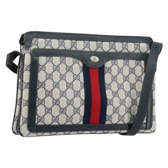 Authentic GUCCI GG Supreme Sherry Line Shoulder Bag PVC Navy Gold 14 02 013